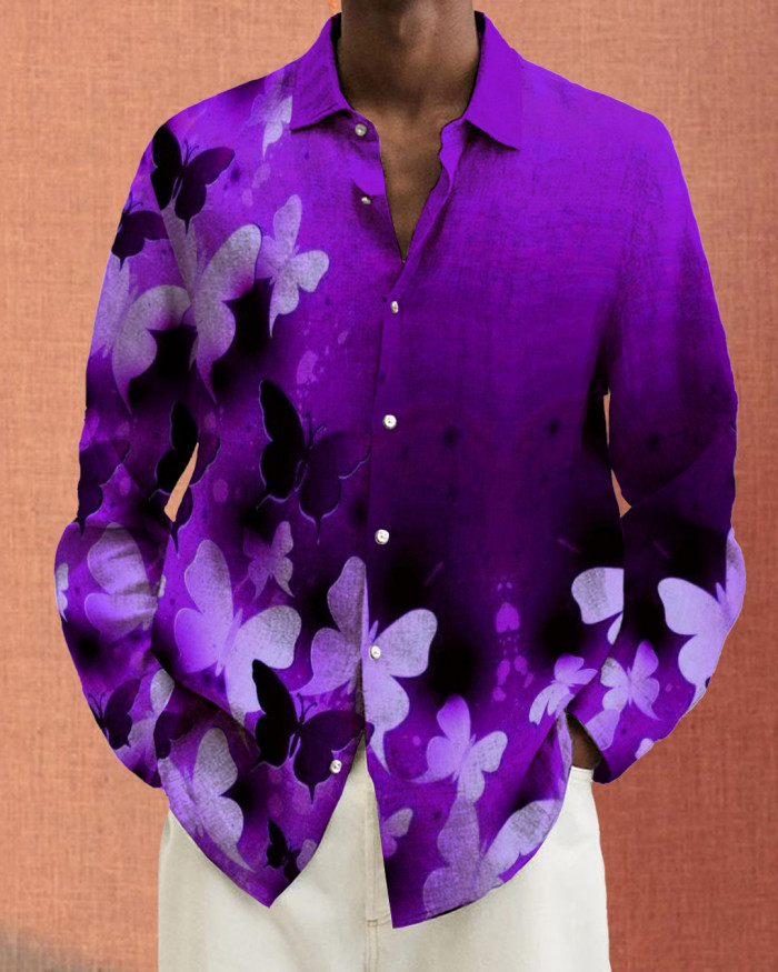 Men's cotton&linen long-sleeved fashion casual shirt 8de4