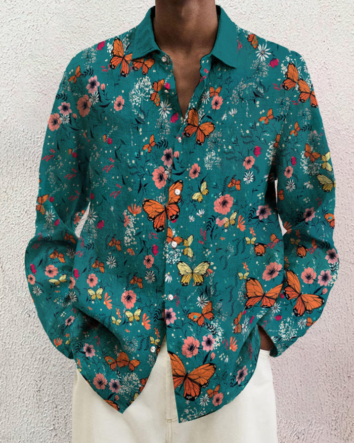 Men's cotton&linen long-sleeved fashion casual shirt e7b4