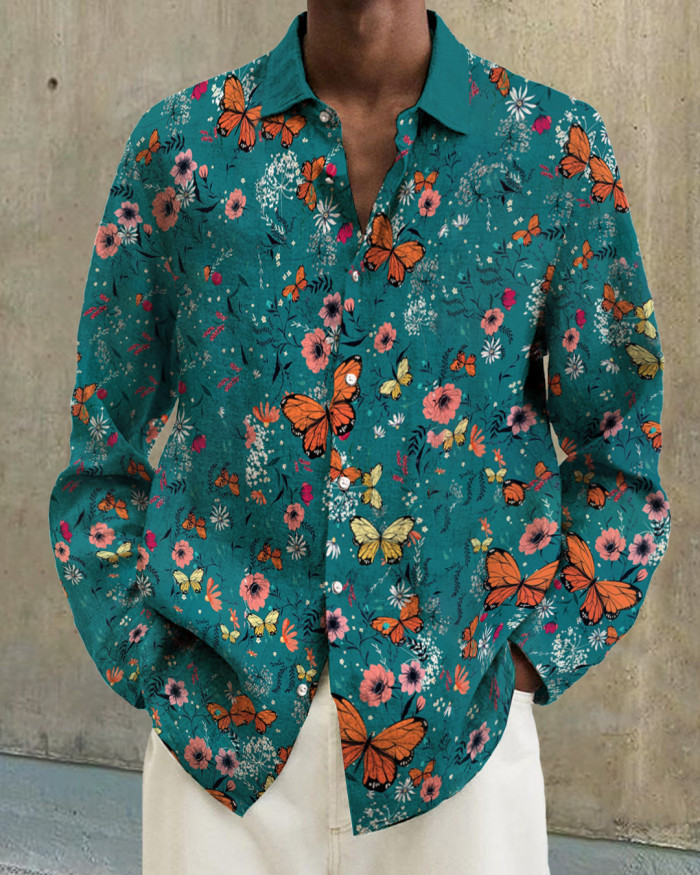 Men's cotton&linen long-sleeved fashion casual shirt e7b4