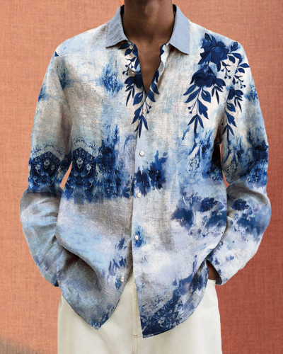 Men's cotton&linen long-sleeved fashion casual shirt bde6