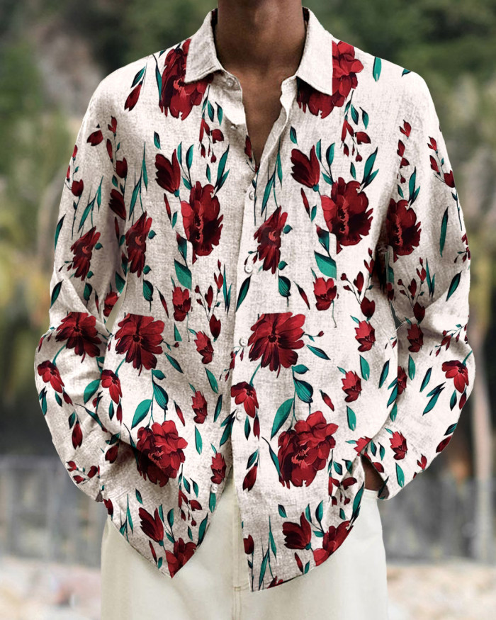 Men's cotton&linen long-sleeved fashion casual shirt d5d3