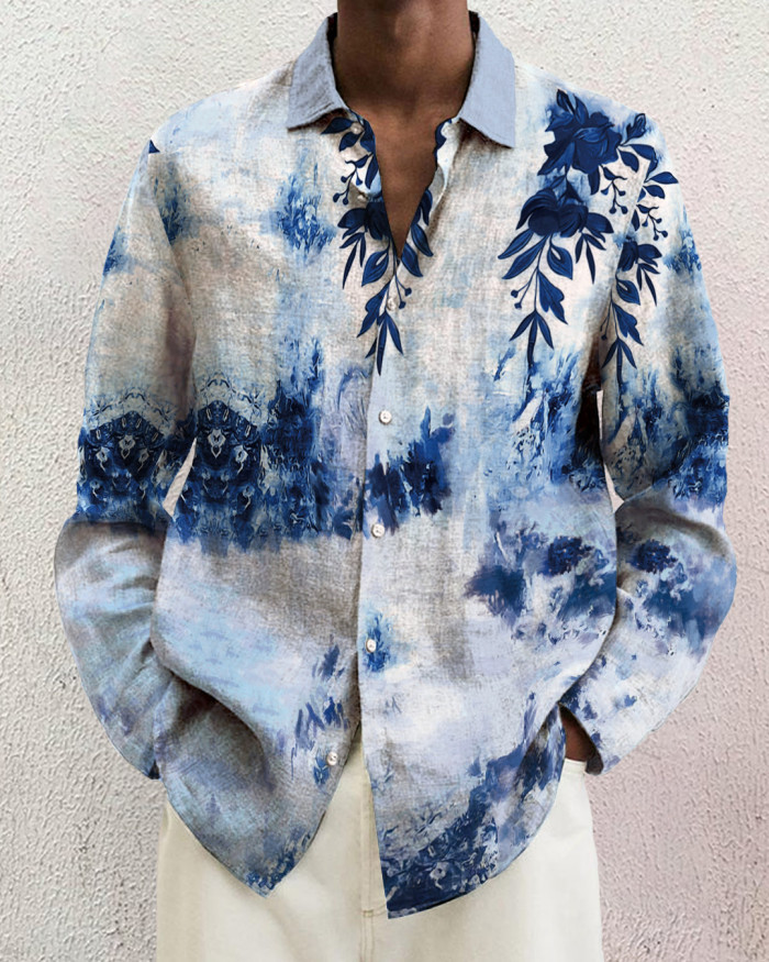 Men's cotton&linen long-sleeved fashion casual shirt bde6