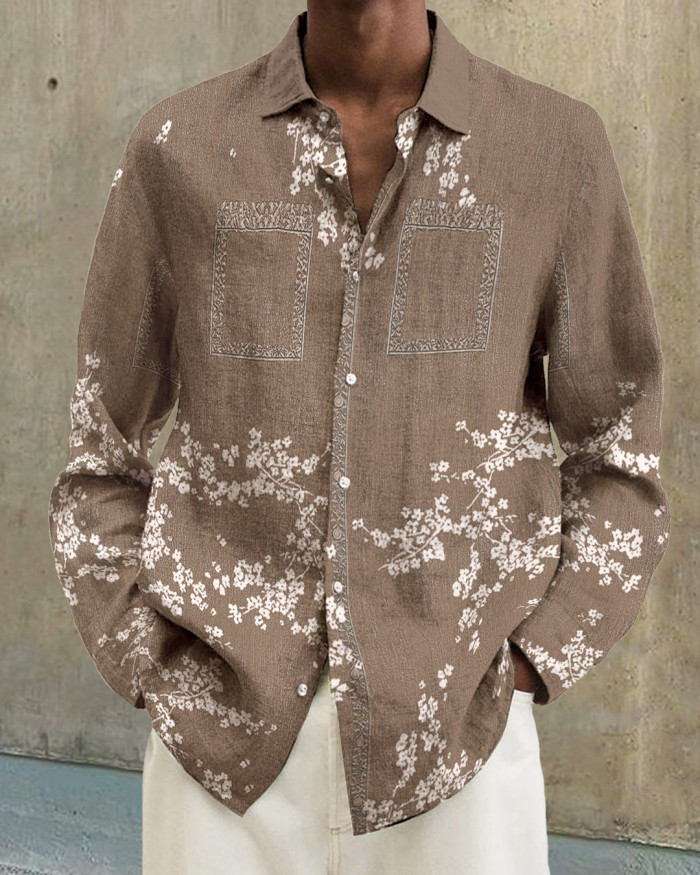Men's cotton&linen long-sleeved fashion casual shirt c0b1