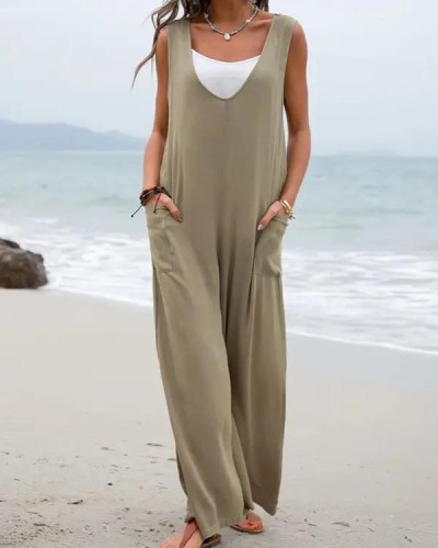 Solid Color Pocket Casual Comfort Jumpsuit