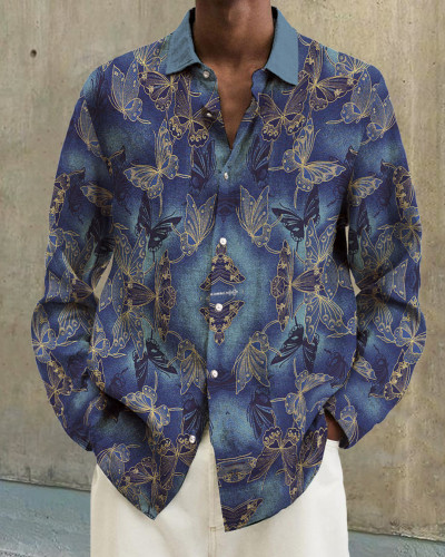 Men's cotton&linen long-sleeved fashion casual shirt 09c2