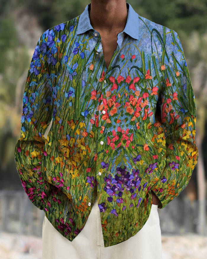 Men's cotton&linen long-sleeved fashion casual shirt b6b2