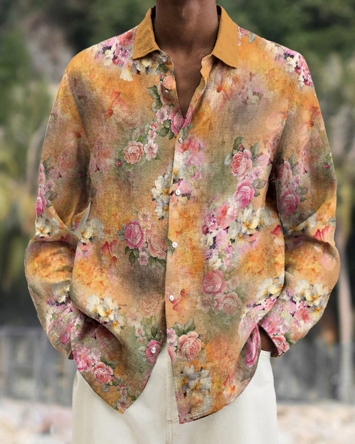 Men's cotton&linen long-sleeved fashion casual shirt f2e3