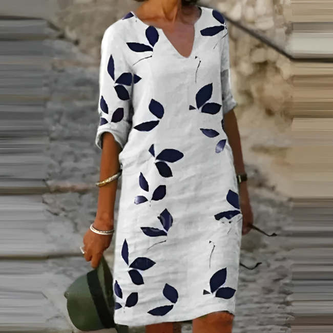 Women's printed linen short sleeve V-neck medium length dress