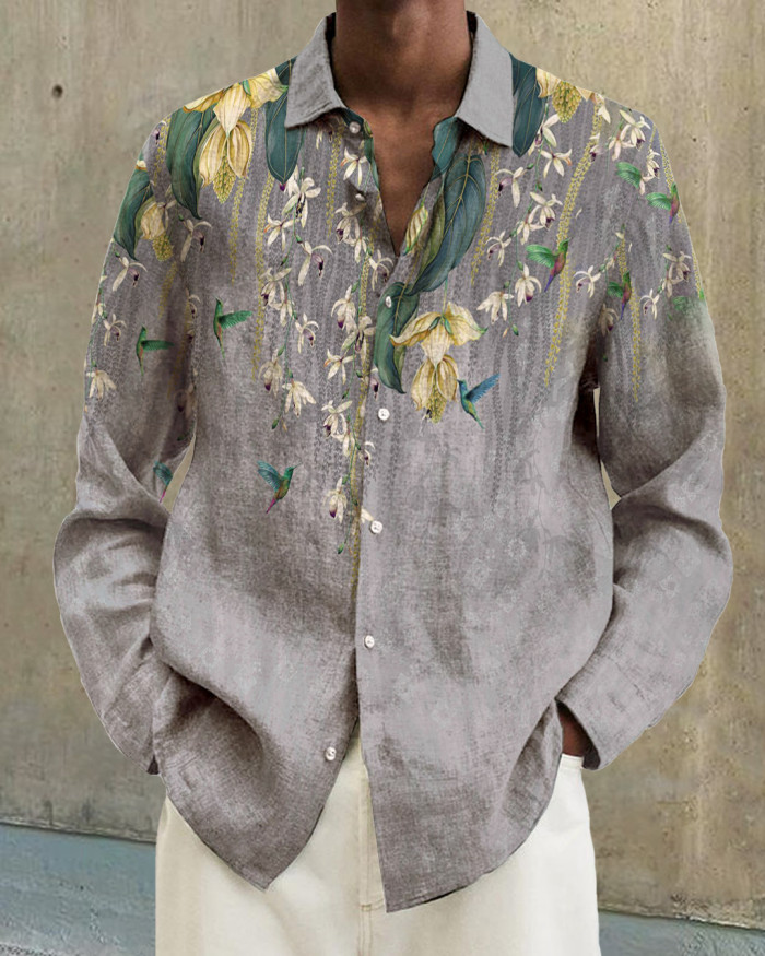 Men's cotton&linen long-sleeved fashion casual shirt 8e2f