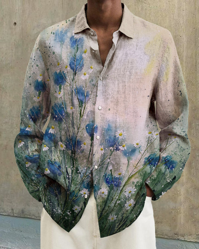 Men's cotton&linen long-sleeved fashion casual shirt 07b4
