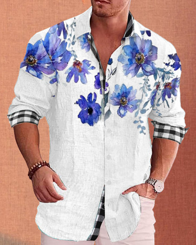 Men's cotton&linen long-sleeved fashion casual shirt  8f3d