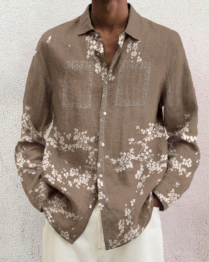 Men's cotton&linen long-sleeved fashion casual shirt c0b1