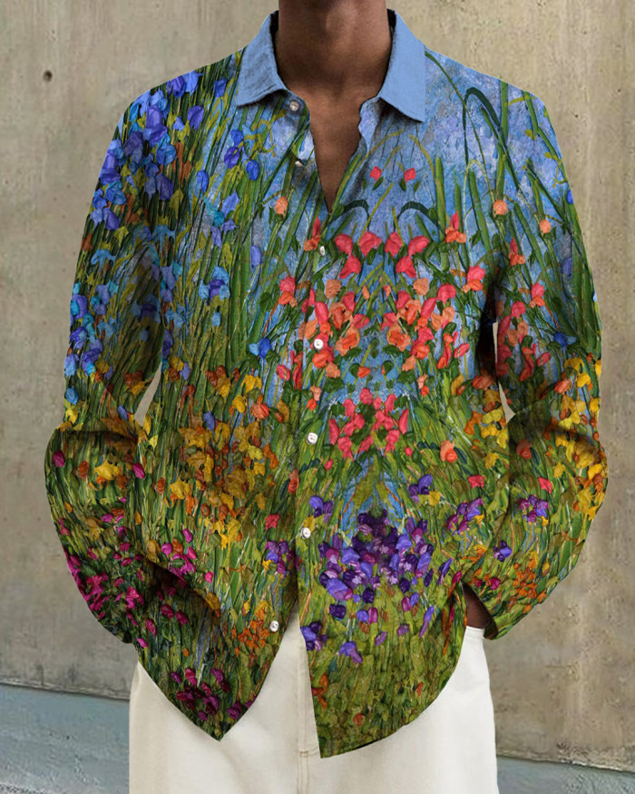 Men's cotton&linen long-sleeved fashion casual shirt b6b2
