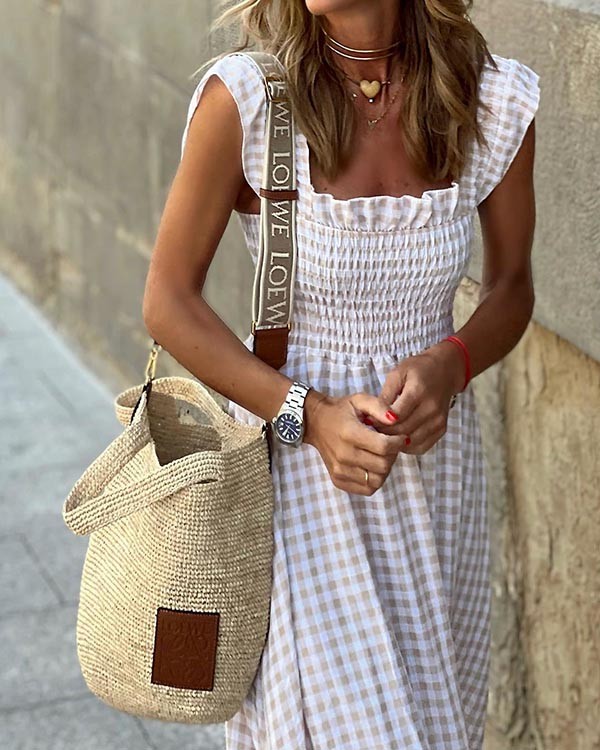 Vacation Collage Plaid Slip Dress