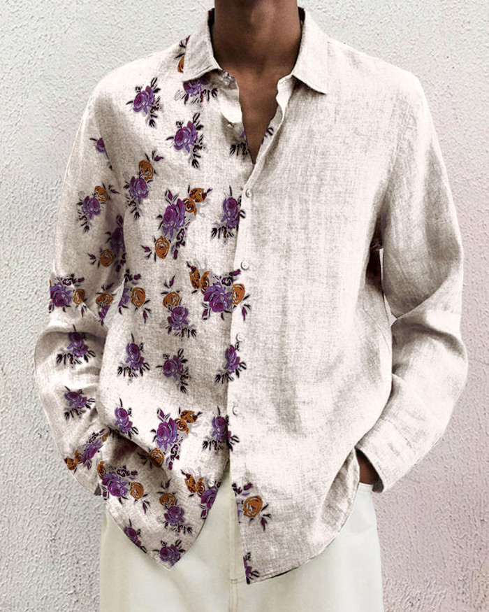 Men's cotton&linen long-sleeved fashion casual shirt 4d0c