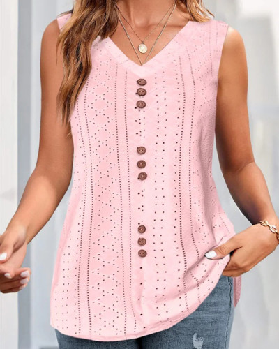 Casual V-neck Sleeveless Solid Color Hollow Top