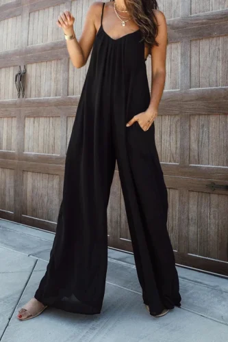 Fashion Living Solid Split Joint Spaghetti Strap Loose Jumpsuits