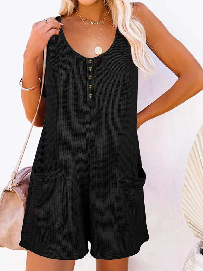 Women's Pure Color Sleeveless Pocket Casual Romper