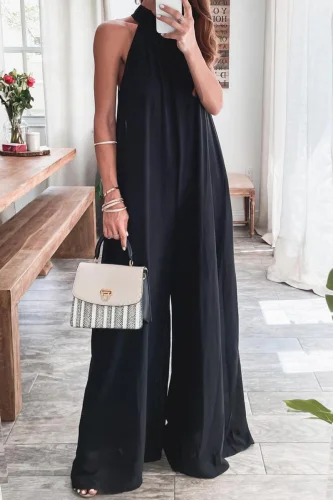 Fashion Casual Solid Without Belt Halter Boot Cut Jumpsuits