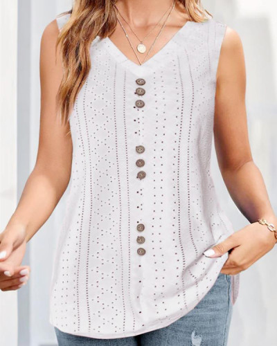 Casual V-neck Sleeveless Solid Color Hollow Top
