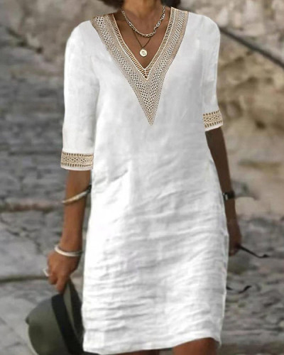 Casual V Neck Cotton Dress