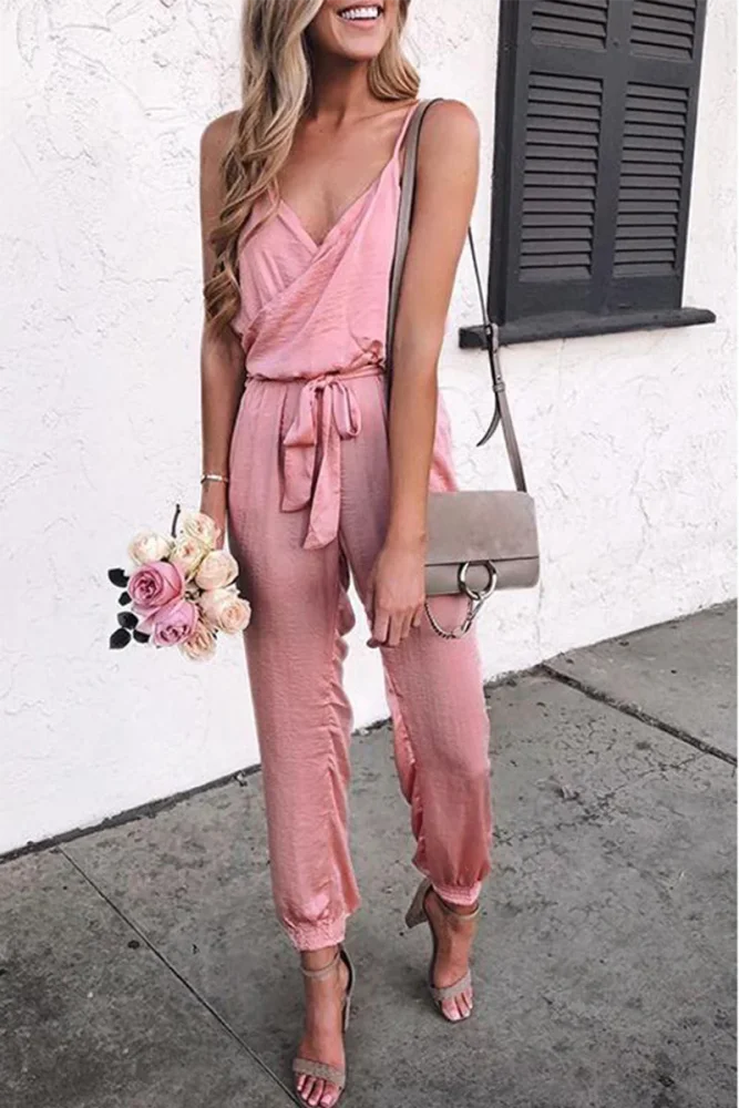 Casual Solid Split Joint Spaghetti Strap Harlan Jumpsuits