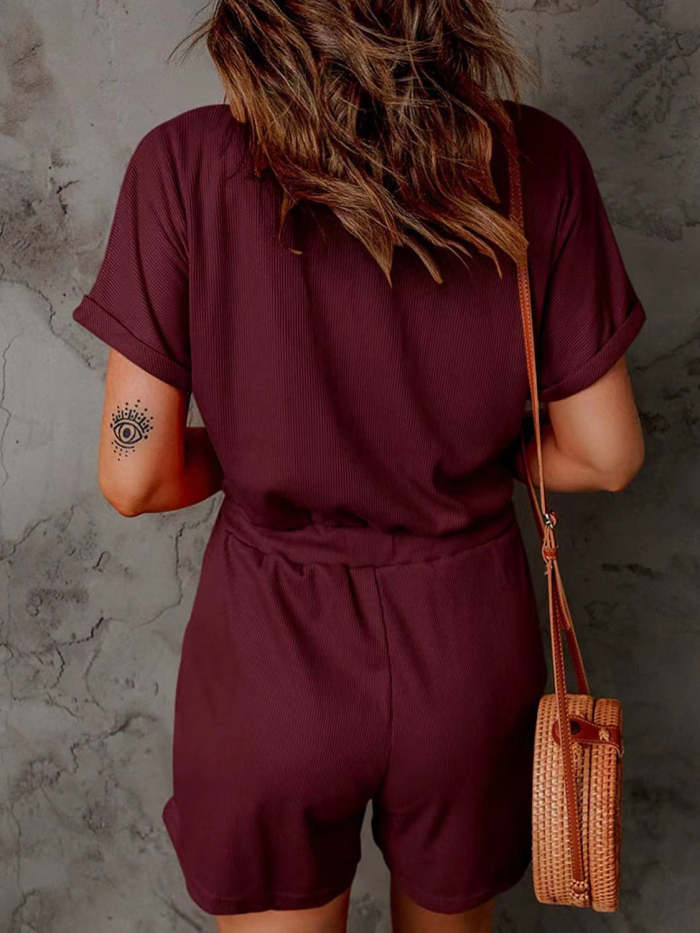 Women's Pure Color V Neck Short Sleeve Casual Romper