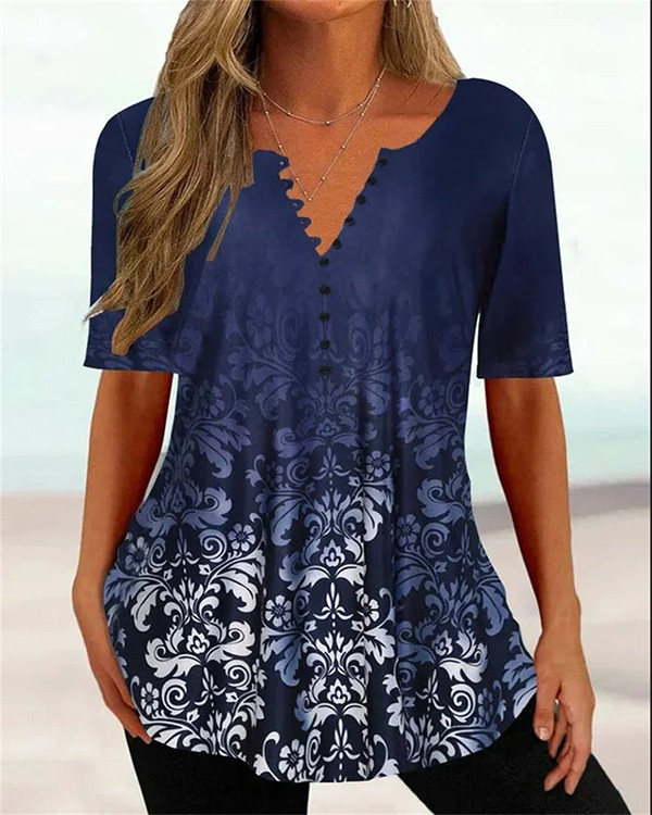Casual Loose V Neck Short Sleeve Button Floral Top
