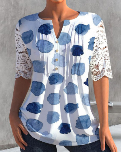 Casual Lace Stitching V-neck Blue and White Top