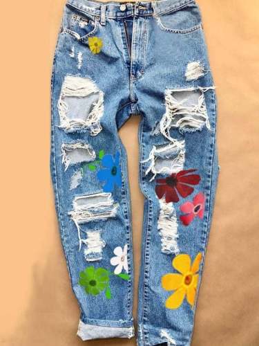 Women'S Casual Printed Ripped Jeans