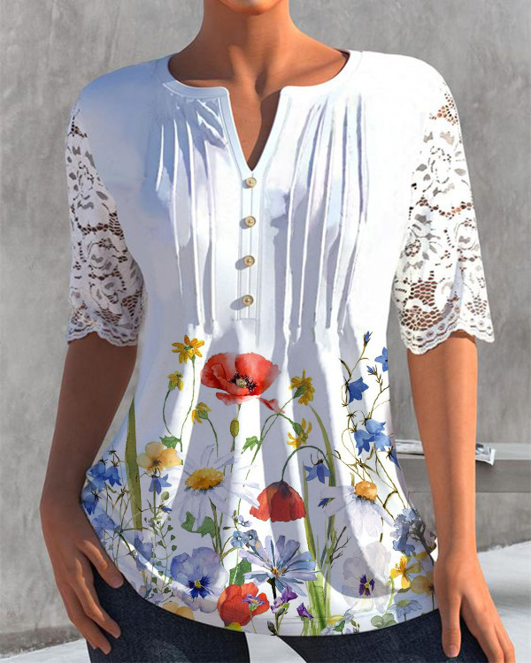 Casual Lace Paneling V-neck Short-sleeved Floral Top