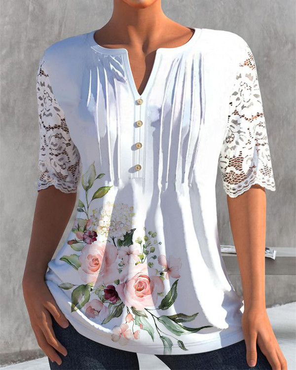 Casual Lace Paneling V-neck Short-sleeved Floral Top