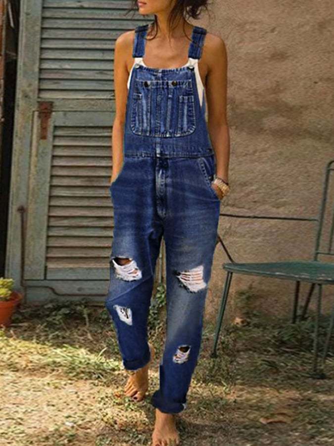 Women's Solid Color Ripped Denim Overalls