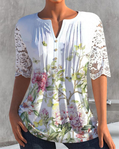 Casual Lace Paneling V-neck Short-sleeved Floral Top