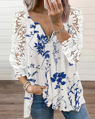 Casual Lace Floral Zip-panel Top