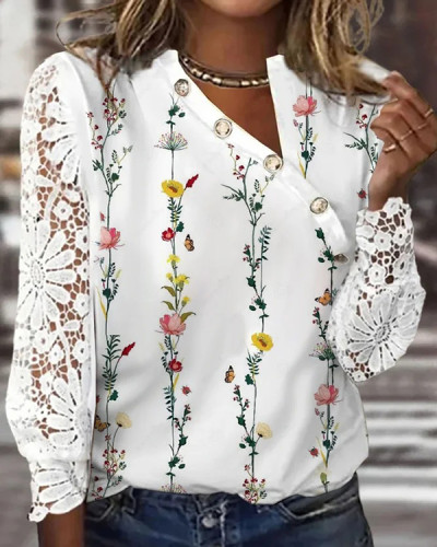 Casual Lace Long Sleeve Floral Top