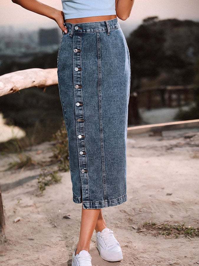 Stylish and versatile button irregular split denim skirt