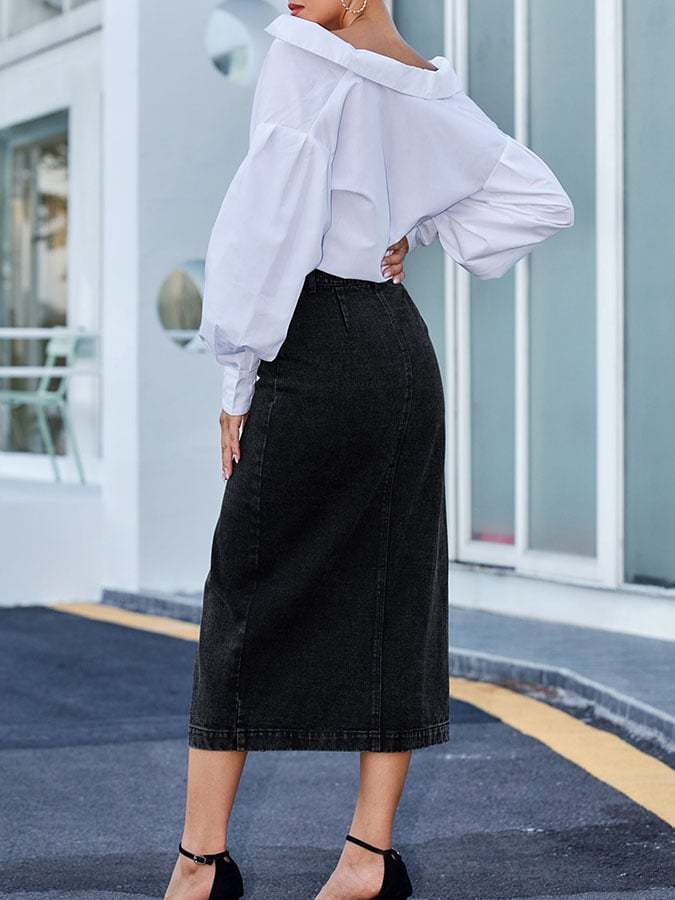 Stylish and versatile button irregular split denim skirt