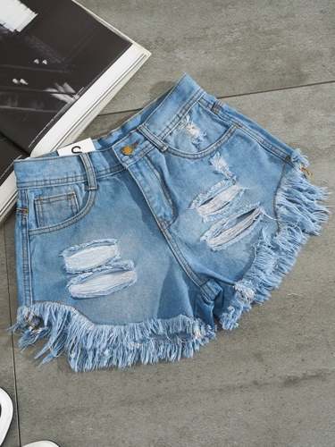 Fashion versatile slim high waist fringed denim shorts