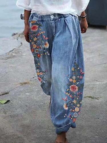 Women's Fashion Floral Casual Jeans