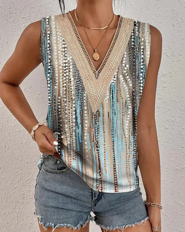 Casual Printed Lace V-neck Vest