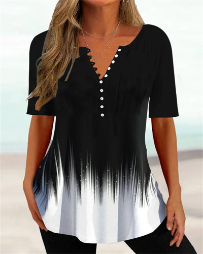 Casual Loose V Neck Short Sleeve Button Gradient Top