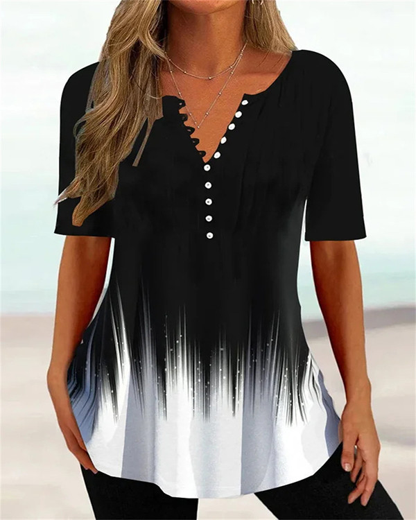 Casual Loose V Neck Short Sleeve Button Gradient Top