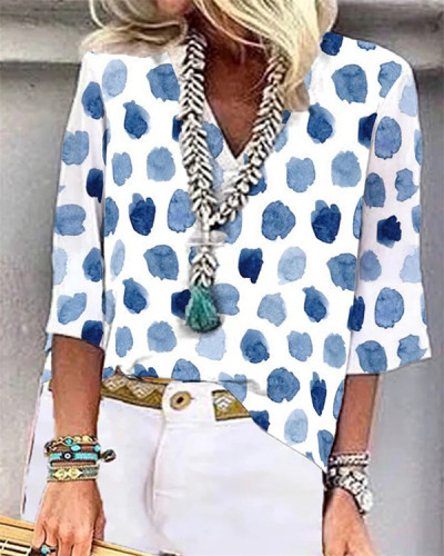 V-neck Blue and White Ink Painting Loose Casual Top