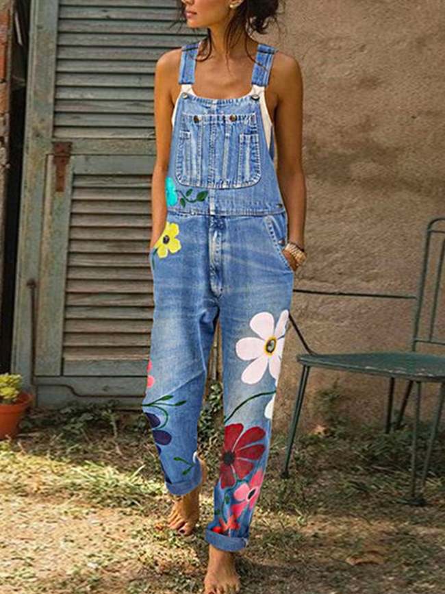 🌸HOT SALE🌸Women's Floral Print Denim Overalls