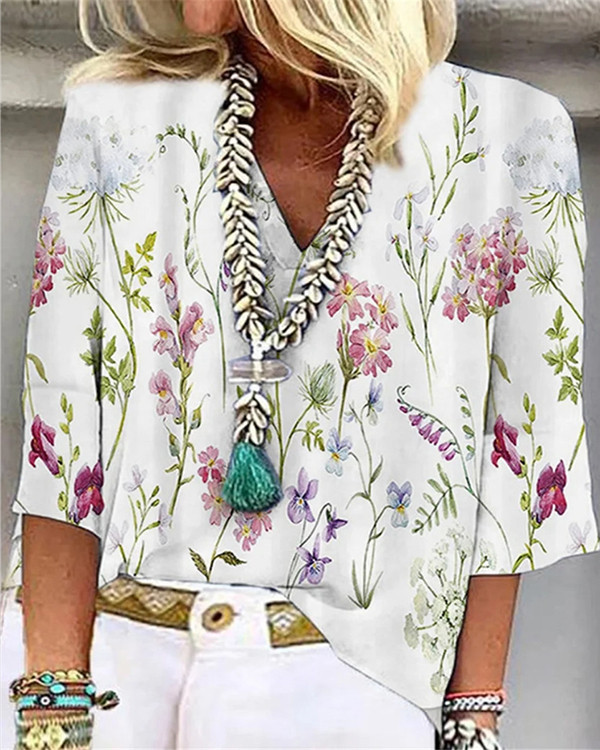Relaxed Floral Print Loose V-Neck Top