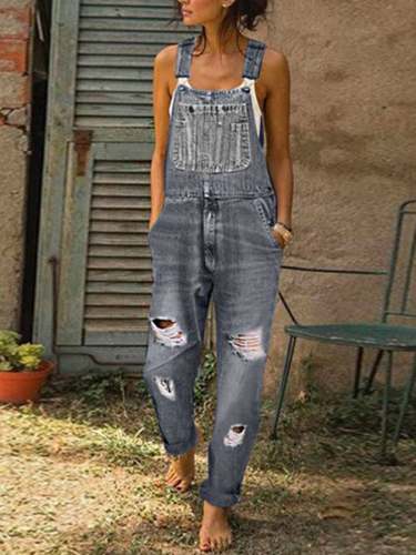 Women's Solid Color Ripped Denim Overalls