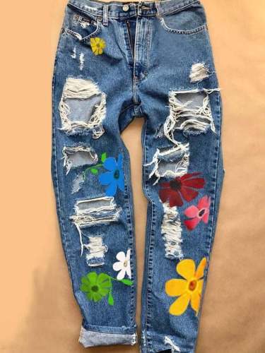 Women'S Casual Printed Ripped Jeans