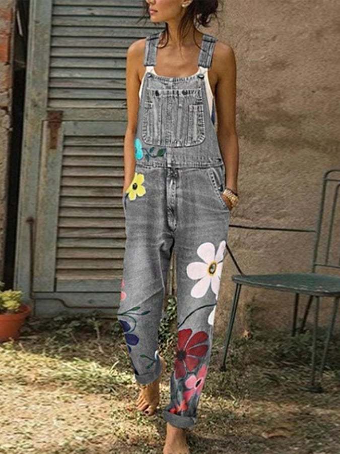 🌸HOT SALE🌸Women's Floral Print Denim Overalls