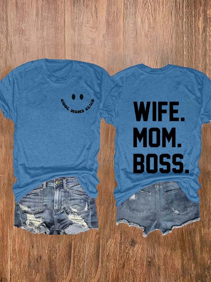 Women's Cool Moms Club, Wife Mom Boss Print Casual T-Shirt
